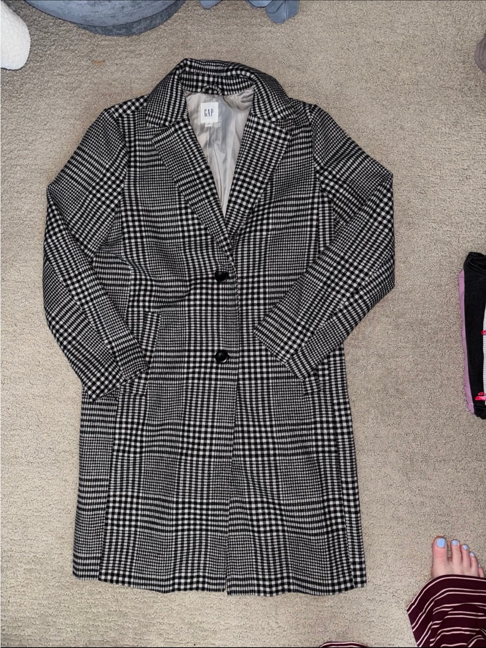GAP Black & White Glen Plaid Long Trench Coat